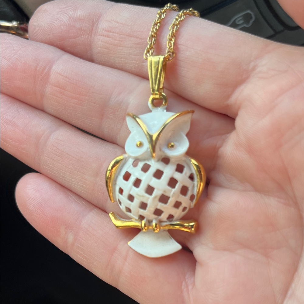 Gold & White Owl Pendant Necklace - Women's Jewelry